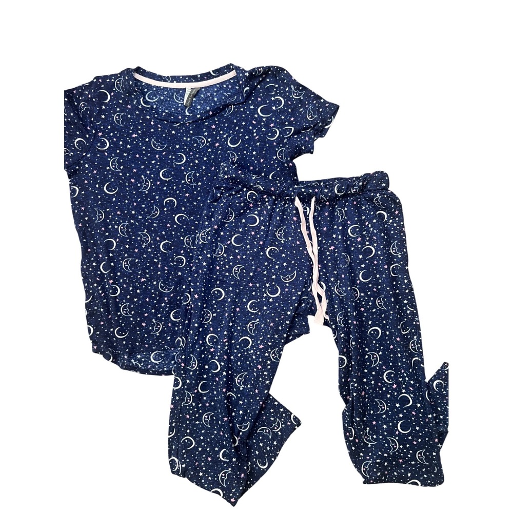 Jaclyn Intimates Navy Celestial Moon Star Pajama Set Small Short Sleeve Joggers